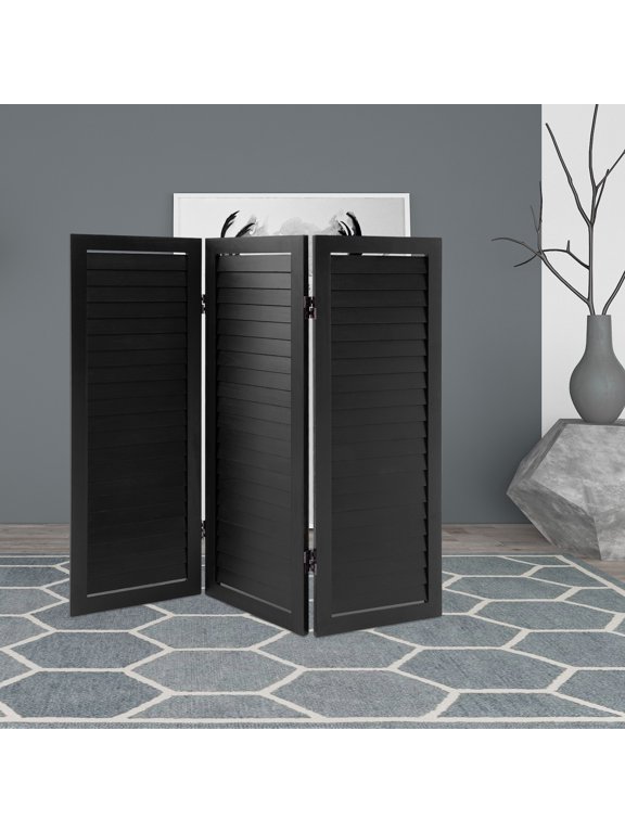 Black Paulownia Wood Iron 90x81cm Three-Sided Folding Partition Screen Shutter Space Privacy Partition Frame