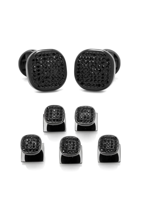 Black Stainless Steel Black Crystal Cufflink and 5-Stud Set