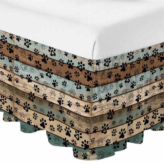Black Paw Print Bed Skirt Queen Size 16 Inch Drop, Adjustable & Elastic Wrap Around Bed Skirts Pleated Luxury Dust Ruffles For Twin Full Queen Cal King Base Beds, Farmhouse Vintage Shabby Wood Grain