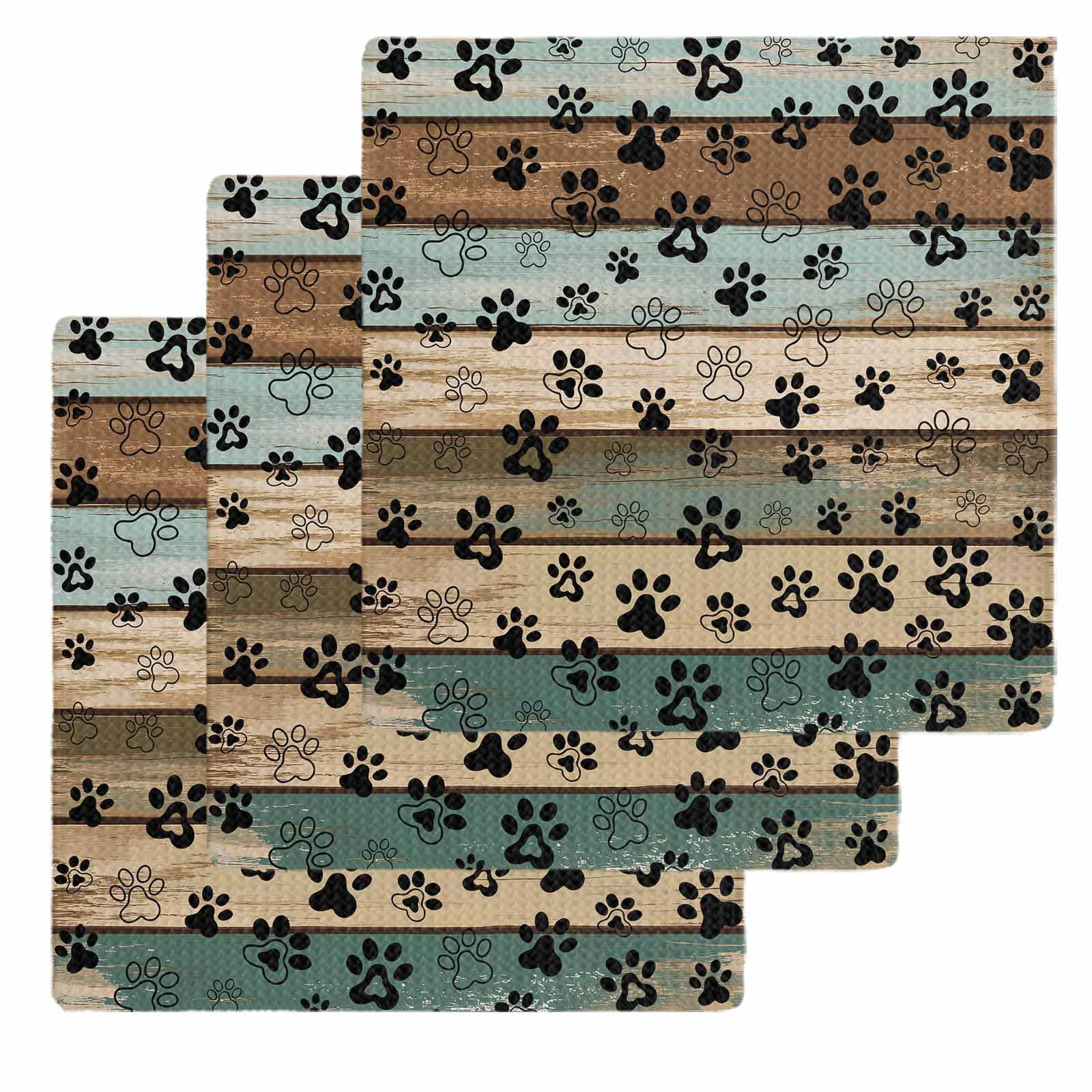 Black Paw Print Kitchen Dish Towels for Drying Dishes Set of 3, Farmhouse Vintage Shabby Wood Grain Waffle Weave Microfiber Hand Tea Bathroom Towels Quick Dry & Absorbent Towel 12x12