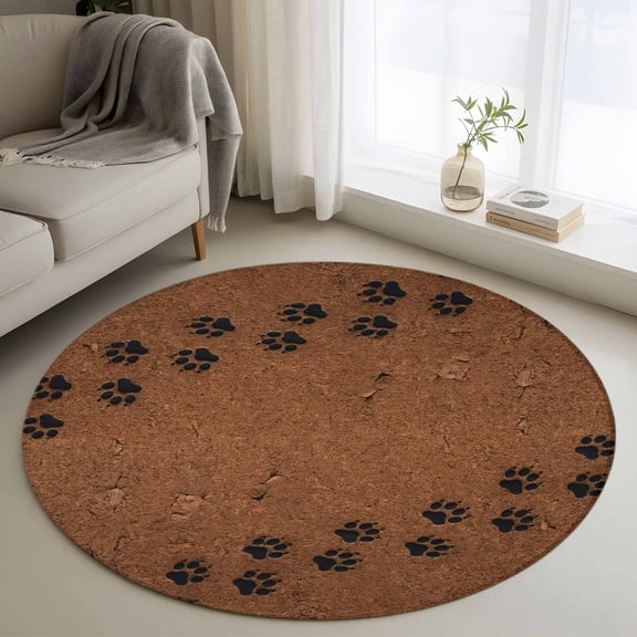 Black Paw Print Round Rugs for Living Room 3ft Modern Dark Paw Print Brown Soli Sand Non Slip Circle Rug Washable Low-Profile Indoor Carpet for Bedroom, Dining Room, Bathroom