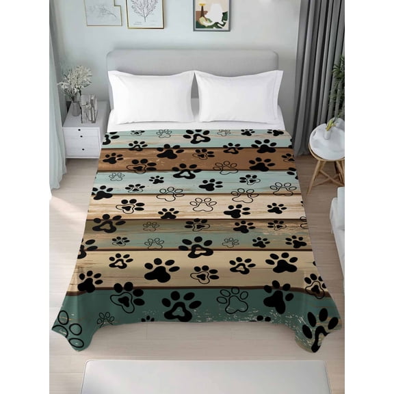 Black Paw Print Twim Size Flat Sheet, Wrinkleproof & Fadeproof Cooling Flat Bed Sheet Only, Farmhouse Vintage Shabby Wood Grain Breathable Soft Bedding Top Sheets 66 x 96 Inches