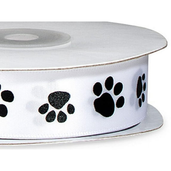 Black Paw Print on White Satin Ribbon, 7/8"x25 yards