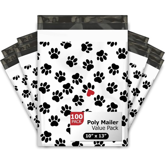 Black Paw Prints Designer Poly Mailers 100 Packs 10"x13" - Ideal Waterproof Self-Sealing Polymailers, Tear-Resistant Shipping Bags, & Printed Mailing Envelopes for Small Business.
