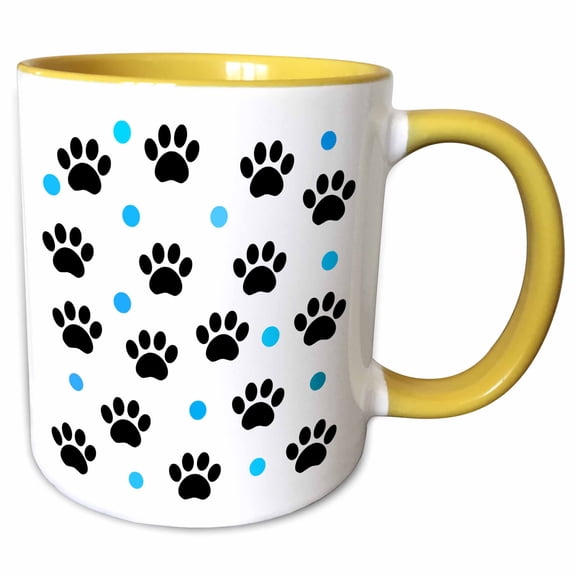 3drose, Black Paws and Aqua Dots - Pets - Whimsical Animal Art, 11oz Two-tone Yellow Mug