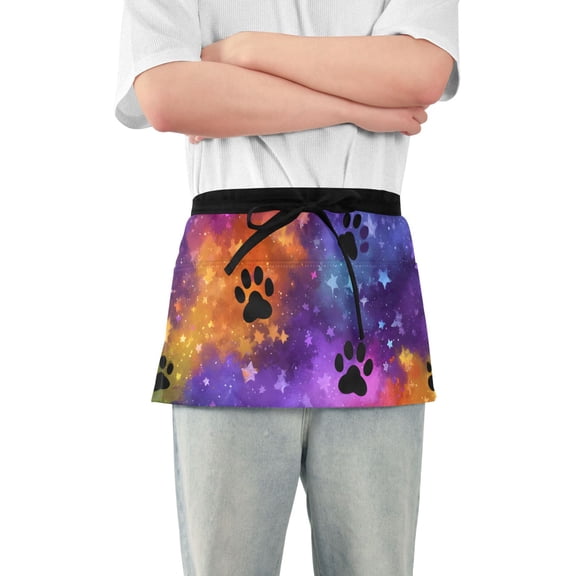 Black Paws on Rainbow Sky Short Server Apron with 3 Pockets for Unisex Chef Gardening