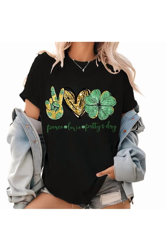 Black Peace Love Patttys Day Print Tshirt Graphic Tees Shirts St Patricks Day Casual Loose Fit Fashion Trendy Tops S-5XL