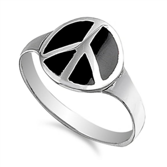 Black Peace Sign Hippie Love Joy Ring .925 Sterling Silver Band Jewelry Female Male Unisex Size 6