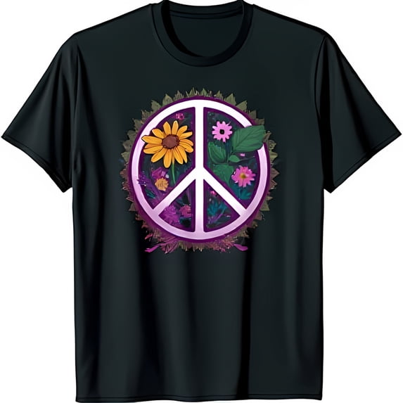 Black Peace Sign T-Shirt with Colorful Floral Design Neck Short Sleeve Tee
