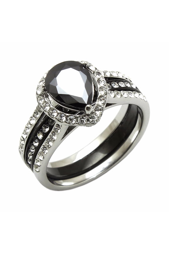 Black Pear Cut CZ Two Tone Black IP Stainless Steel Wedding 2 Ring Set - Size 6