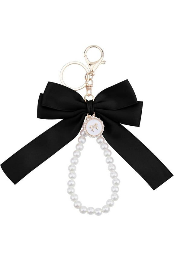 Black Pearl Chain Bow Keychain For Women Girls White Pearl Keychain Wristlet For Purse Backpack