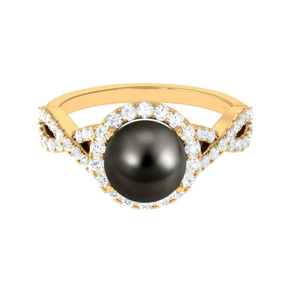 Rosec Jewels Genuine Tahitian Black Pearl Engagement Ring with Diamond - Crossover Ring (8 mm, 8 Carat, AAA Quality), 10K Yellow Gold, US 9.50