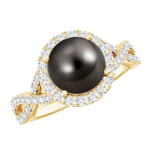 Rosec Jewels Genuine Tahitian Black Pearl Engagement Ring with Diamond Halo - Crossover Ring (7.5 Carat, AAA Quality), 10K Yellow Gold, US 9.50