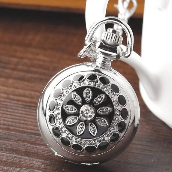 Black Pearl Flower Vintage Style Mini Pocket Watch Necklace