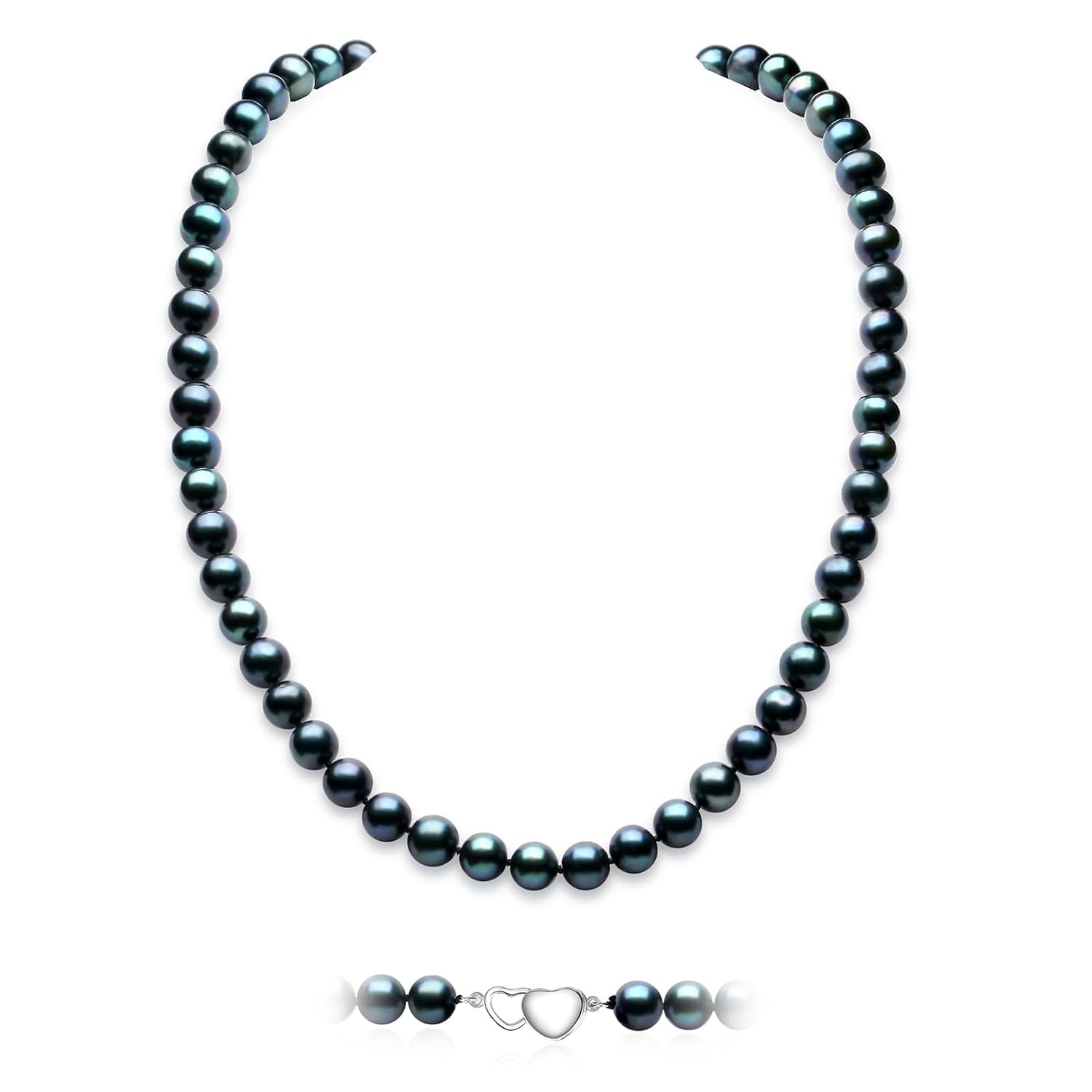 HZHUAFULTD Black Pearl Necklace, Natural Saltwater Cultured Round Pearl 8.5-9.0MM Strand Necklace with 925 Sterling Silver Heart Shape Clasp, Anniversary Mother's Day Jewelry Gifts for Women Round Pearl 8.5-9.0M