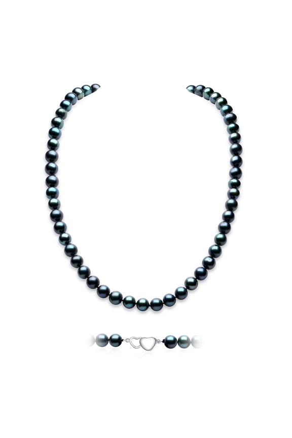 Black Pearl Necklace, Natural Saltwater Cultured Round Pearl 8.5-9.0MM Strand Necklace with 925 Sterling Silver Heart Shape Clasp, Anniversary Mother's Day Jewelry Gifts for Women Round Pearl 8.5-9.0