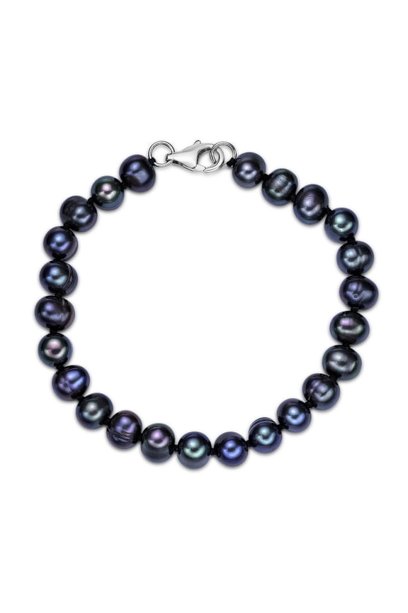 Black Pearl One Row Bracelet for Women in 925 Sterling Silver I 7.25 Inches Long Bracelet with Lobster Claw Clasps I 7 mm Wide Round Pearl Bracelet by Lavari Jewelers