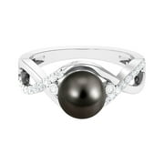 ARISHA JEWELS Black Pearl Ring for Women with Moissanite, Classic Crossover Ring, AAA Grade, 925 Sterling Silver, US 4.00