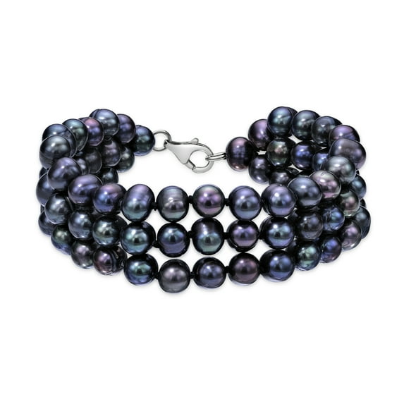 Black Pearl Three Row Bracelet for Women in 925 Sterling Silver I 7.25 Inches Long Bracelet with Lobster Claw Clasps I 21 mm Wide Round Pearl Bracelet by Lavari Jewelers