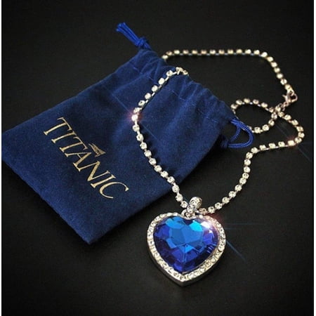Black Pearl, Titanic Heart of Ocean Blue Heart Pendant Necklace, Gold
