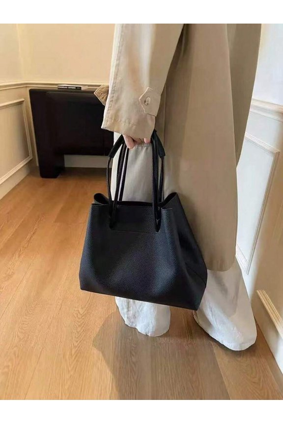 Black Pebbled Leather Tote Shoulder Bag With Top Handle Large Capacity