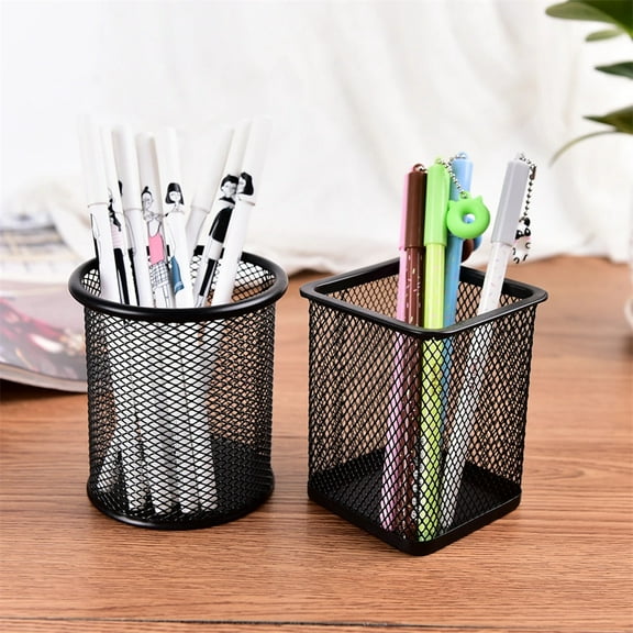 Black Pen Holder Cup for Desk, Pencil Cup Holder, Black Wire Mesh Pen Cup for Desk Office Pen Organizer, Black,2Pcs