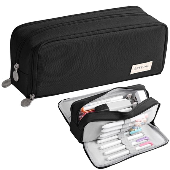 Black Pencil Case Large Capacity, Canvas Pen Bag with 3 Compartments, Multi Pocket Pencil Pouch for Office Stationery Organizer