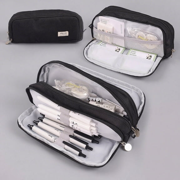 Black Pencil Case, Multi-Layer Cloth Pencil Pouch, Large Capacity Stationery Organizer, Durable Zipper Pouch with Compartments for Pens, Cards, and Daily Small Items
