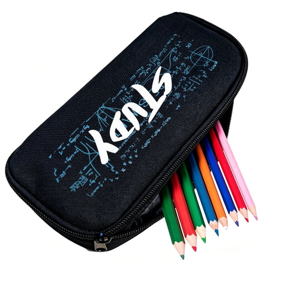 Black Pencil Pouch with Blue Math Formula Print, Large Capacity Zip Pen Case for Study & Work