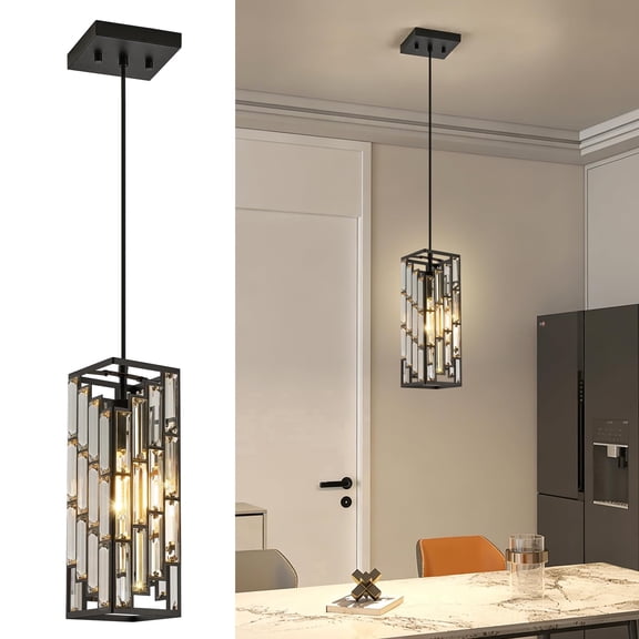 Black Pendant Lights Kitchen Island, Adjustable Modern Pendant Light Fixtures 1 Pack, Mini Crystal Chandeliers for Dining Room Bedroom Foyer Hallway