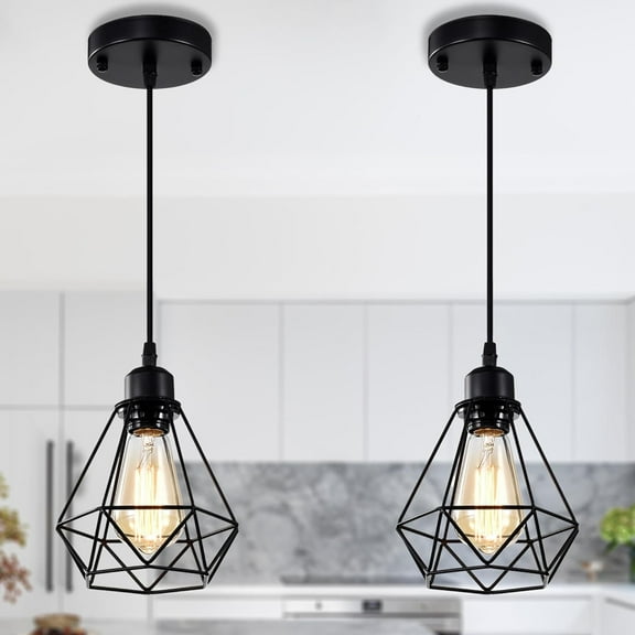 2-Pack Industrial Black Ceiling Pendant Light Fixtures with Metal Cage Shade, E26 Socket for Kitchen Island, Dining Room, Hallway