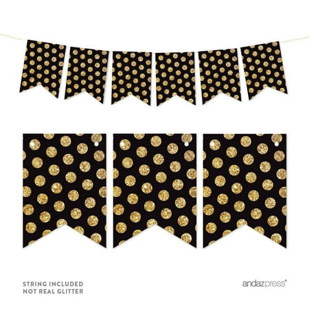 Black Pennant Party Banner Gold Glitter Polka Dots