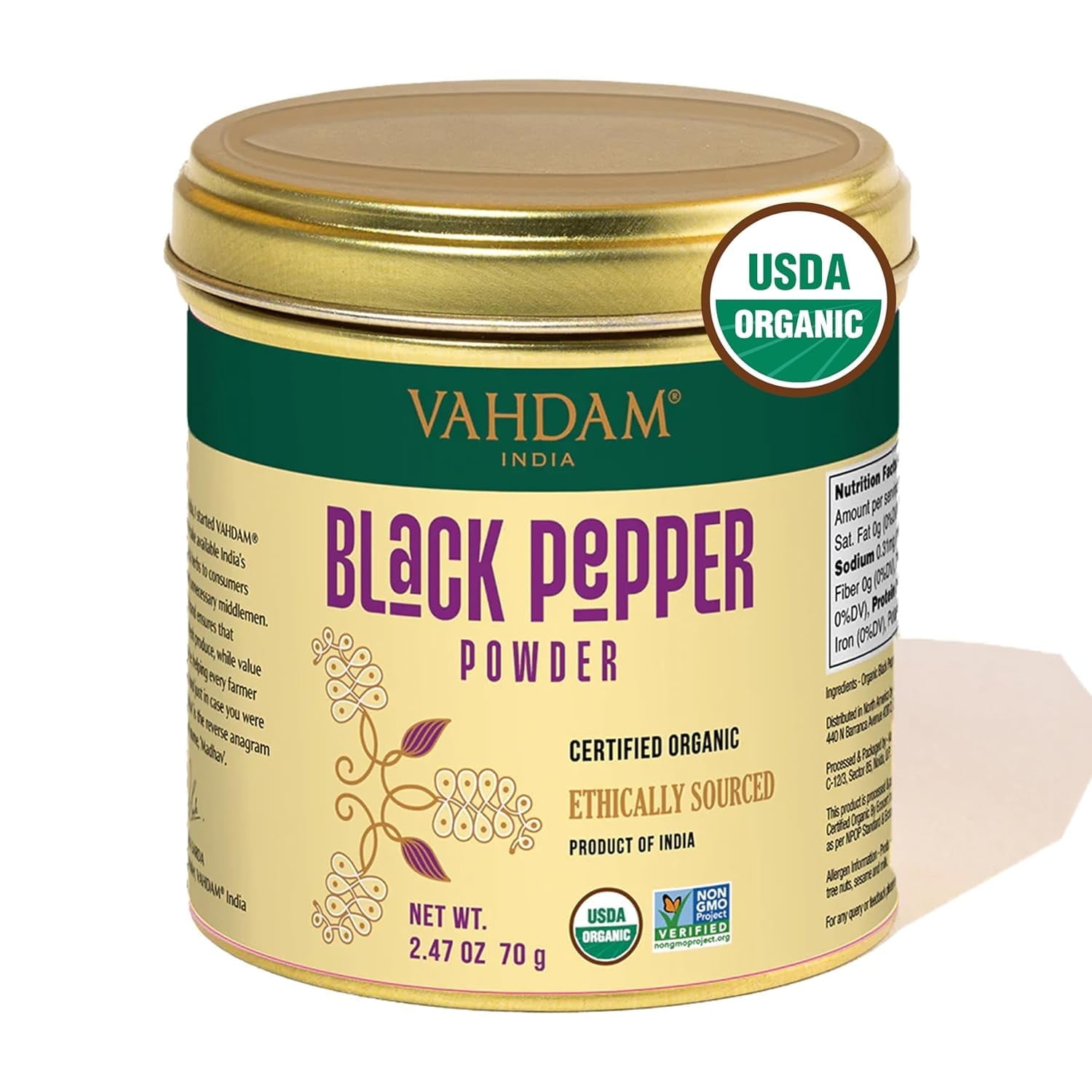 VAHDAM, Organic Ground Black Pepper (2.47oz) Glute