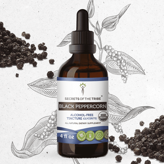 Secrets Of The Tribe Black Peppercorn Organic Dietary Supplement, Natural Herbal Tincture for Digestive Support Certified Organic Black Peppercorn (Piper nigrum) Dried Fruit Alcohol-Free Extract 4 oz