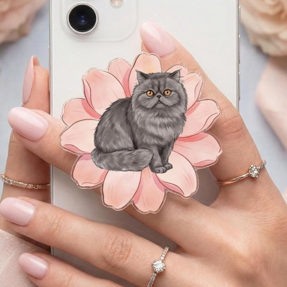 Black Persian Cat Phone Grip, Floral Acrylic Mag Safe Holder, Phone Pop Stand, Gift for Persian Cat Lovers, Griptok