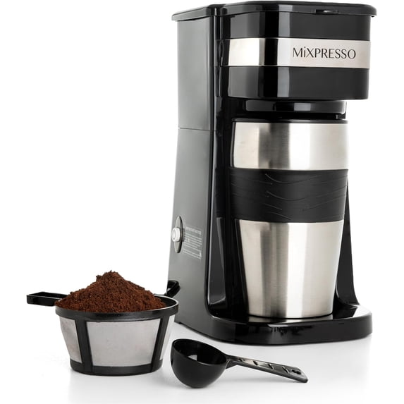 Black Personal Single Serve Coffee Maker with 14oz Travel Mug, Drip Small Auto Shut Off, Reusable Filter, Works Ground Only – Not for K-Cup Pods