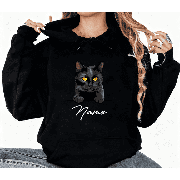 Black Personalized Black Cat Name Graphic Sweatshirt Print hoodie Black S-2XL Cotton Casual Pet Daily Tops
