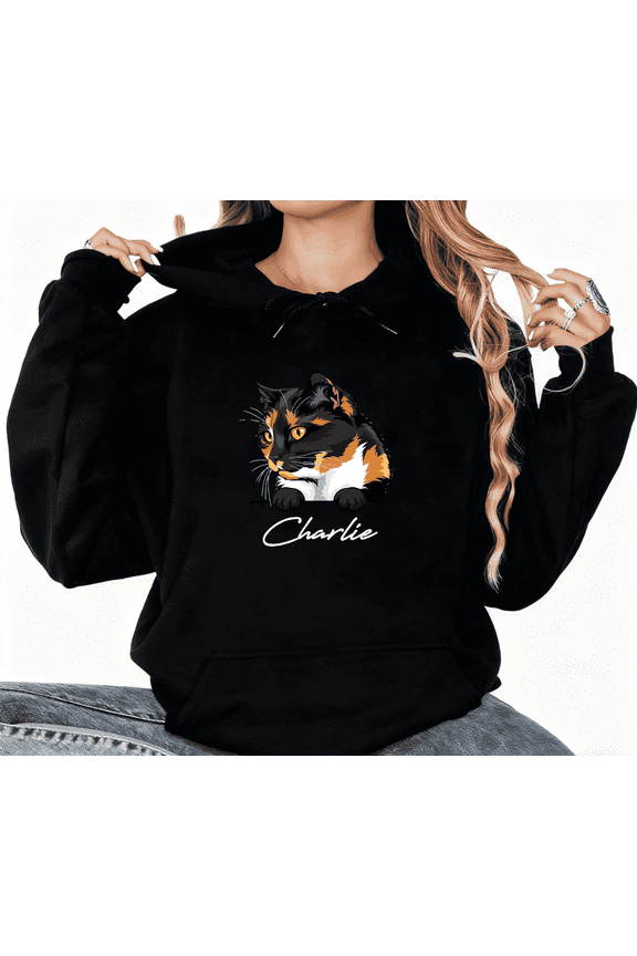 Black Personalized Calico Cat Charlie Graphic Sweatshirt Print hoodie Black S-2XL Cotton Casual Pet Daily Tops