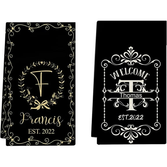 Black Personalized Leaves Wreath Kitchen Towels | Custom Tea Towel | Family Name Dish Towel | Kitchen Decor | Hand Towel | Housewarming Gift Monogram Dishcloth