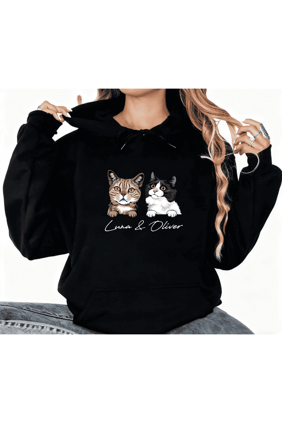 Black Personalized Luna & Oliver Cat Graphic Sweatshirt Print hoodie Black S-2XL Cotton Casual Pet Daily Tops