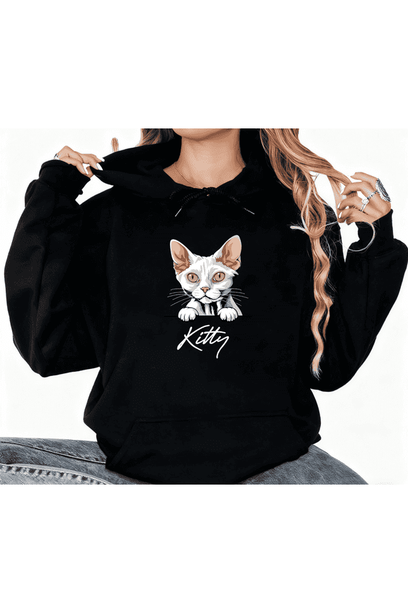 Black Personalized White Cat Kitty Graphic Sweatshirt Print hoodie Black S-2XL Cotton Casual Pet Daily Tops
