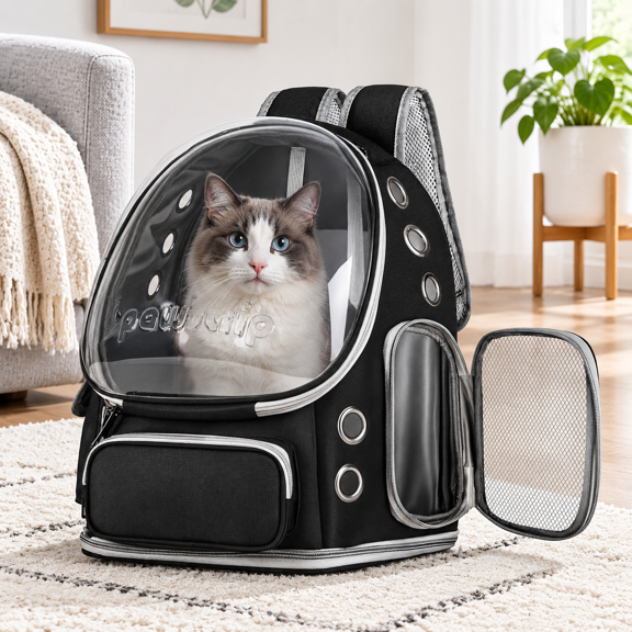 Black Pet Carrier with Bubble Window for Cats and Small Dogs Up to 15 Pounds