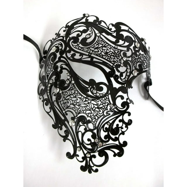 Black Phantom Laser Cut Metal Venetian Masquerade Mask Men Crystals
