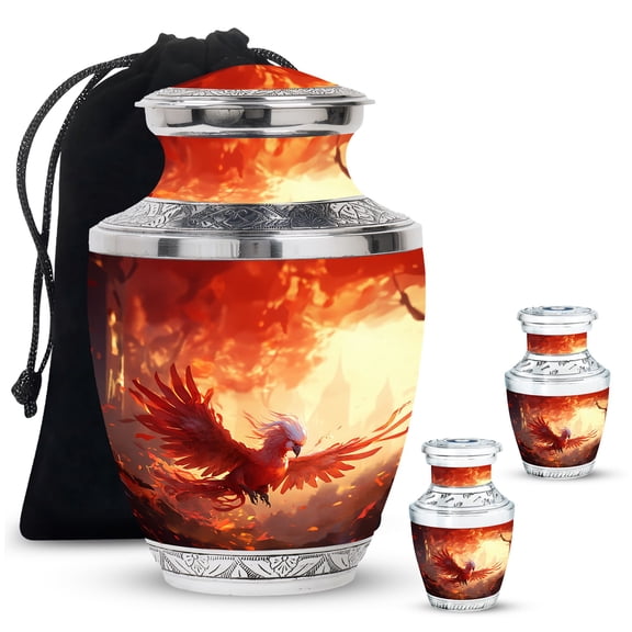 Black Phoenix Funeral Large Urns For Ashes Adult Male And Female - Mini Cremation Urn For Human Ashes Adult Man - Burial Gifts For Decorative Combo 10Inch 200Lbs And 3Inch 2 Keepsake