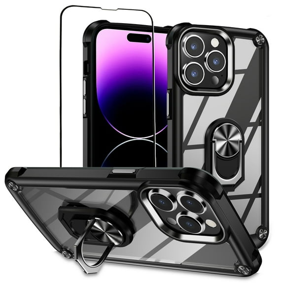 Black Phone Case For iPhone 14 Pro MAX With Superior Clear Tempered Screen Protector