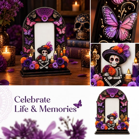 Black Picture Display Stand with Detailed Skeleton, Halloween Decoration for Tabletop, Purple Home Decor with Dia de Muertos Cultural Aesthetic