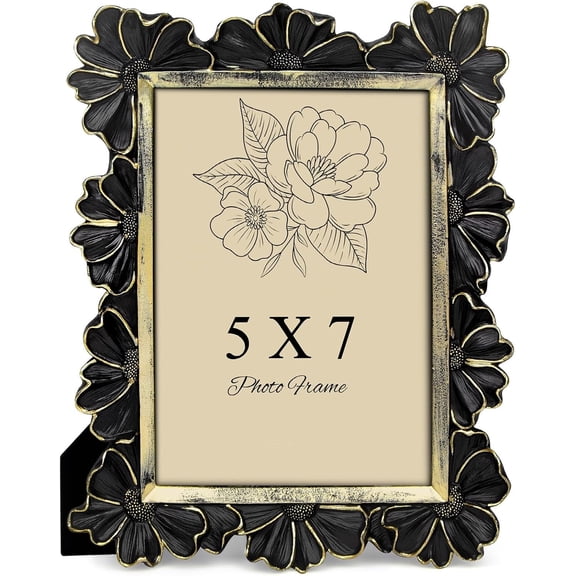 Black Picture Frame 5x7 Frames, Vintage Flower Textured Hand-Crafted Resin with Glass Front Elegant Retro Vintage Design Photo Frame for Tabletop Display Home Decor