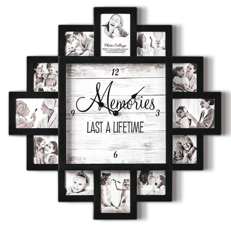 20 inch Black Picture Frame Collage Family Memories Photo Wall Clock - 12 Slots, Farmhouse Decor, Sentimental Gift