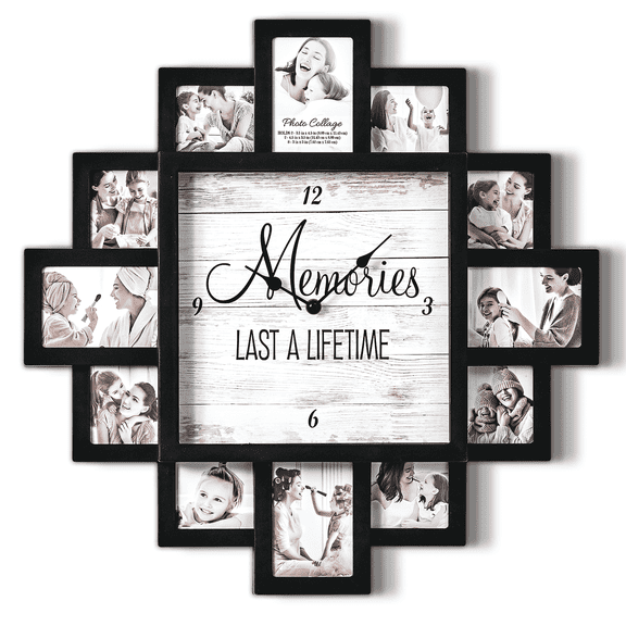20 inch Black Picture Frame Collage Family Memories Photo Wall Clock - 12 Slots, Farmhouse Decor, Sentimental Gift