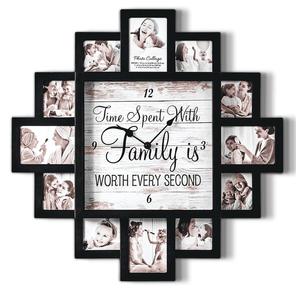 20 inch Black Picture Frame Collage Family Photo Wall Clock - 12 Slots, Farmhouse Decor for Living Room, Entryway, Bedroom